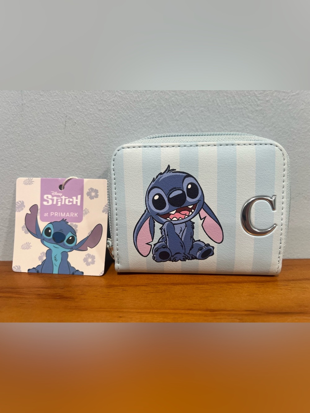 PRIMARK NWT Disney Lilo & Stitch Stitch "C" Light Blue Striped Zip Card Wallet